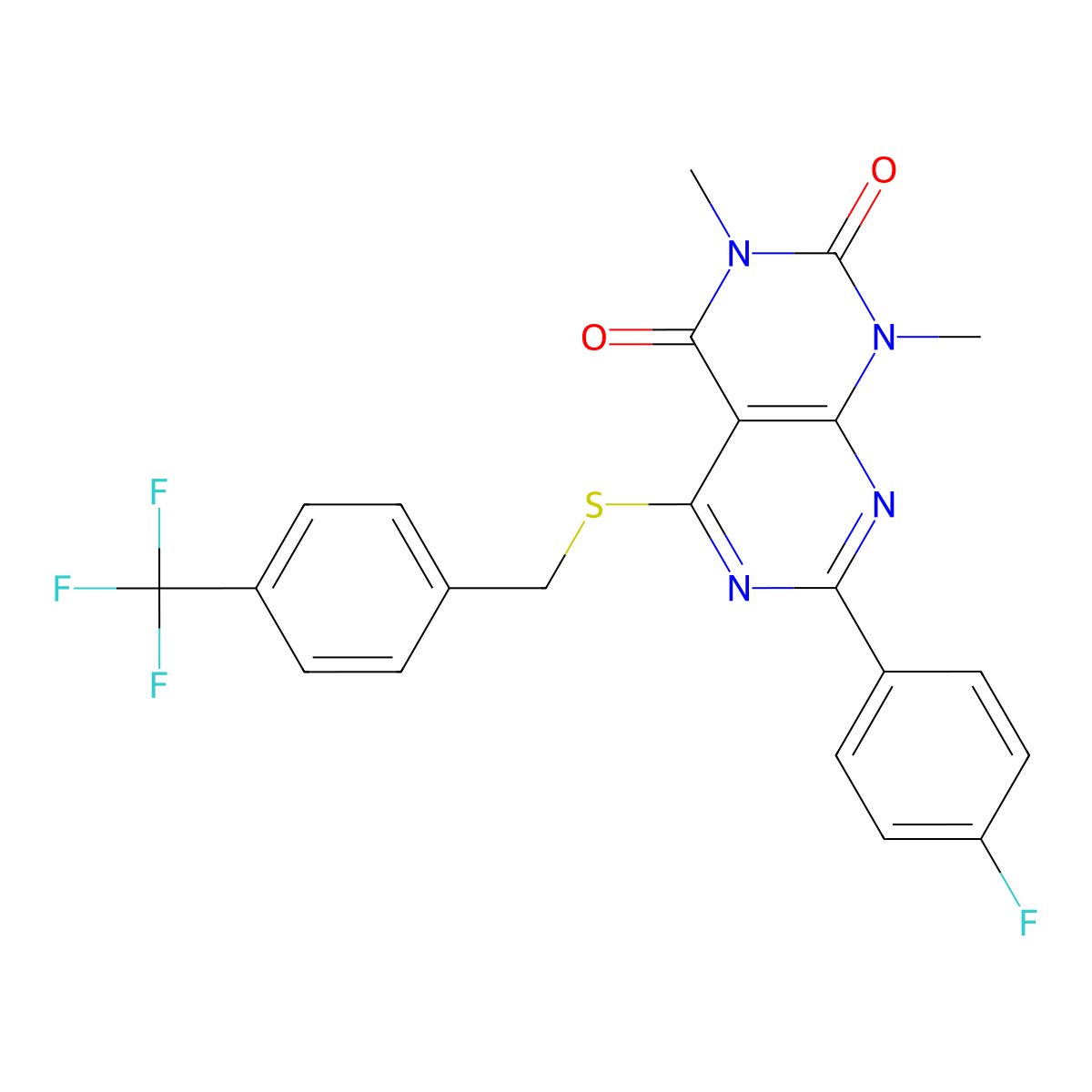 7-(4-fluorophenyl)-1,3-dimethyl-5-((4-(trifluoromethyl)benzyl)thio)pyrimido[4,5-d]pyrimidine-2,4(1H,3H)-dione molecular structure, CAS 852171-15-4