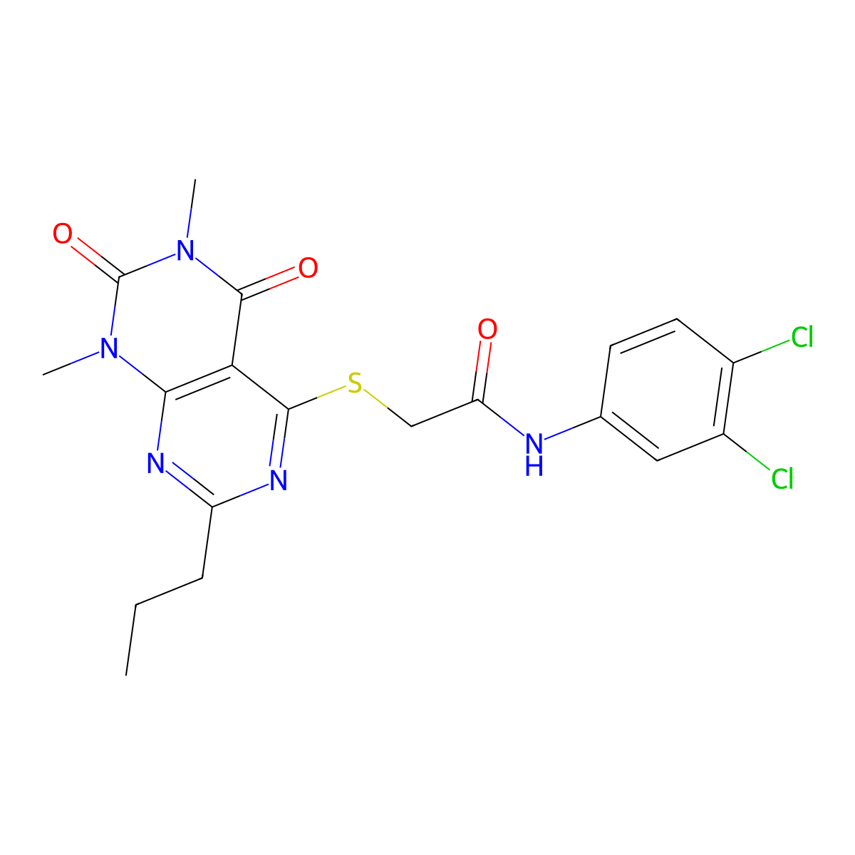 N-(3,4-dichlorophenyl)-2-((6,8-dimethyl-5,7-dioxo-2-propyl-5,6,7,8-tetrahydropyrimido[4,5-d]pyrimidin-4-yl)thio)acetamide molecular structure, CAS 852171-16-5