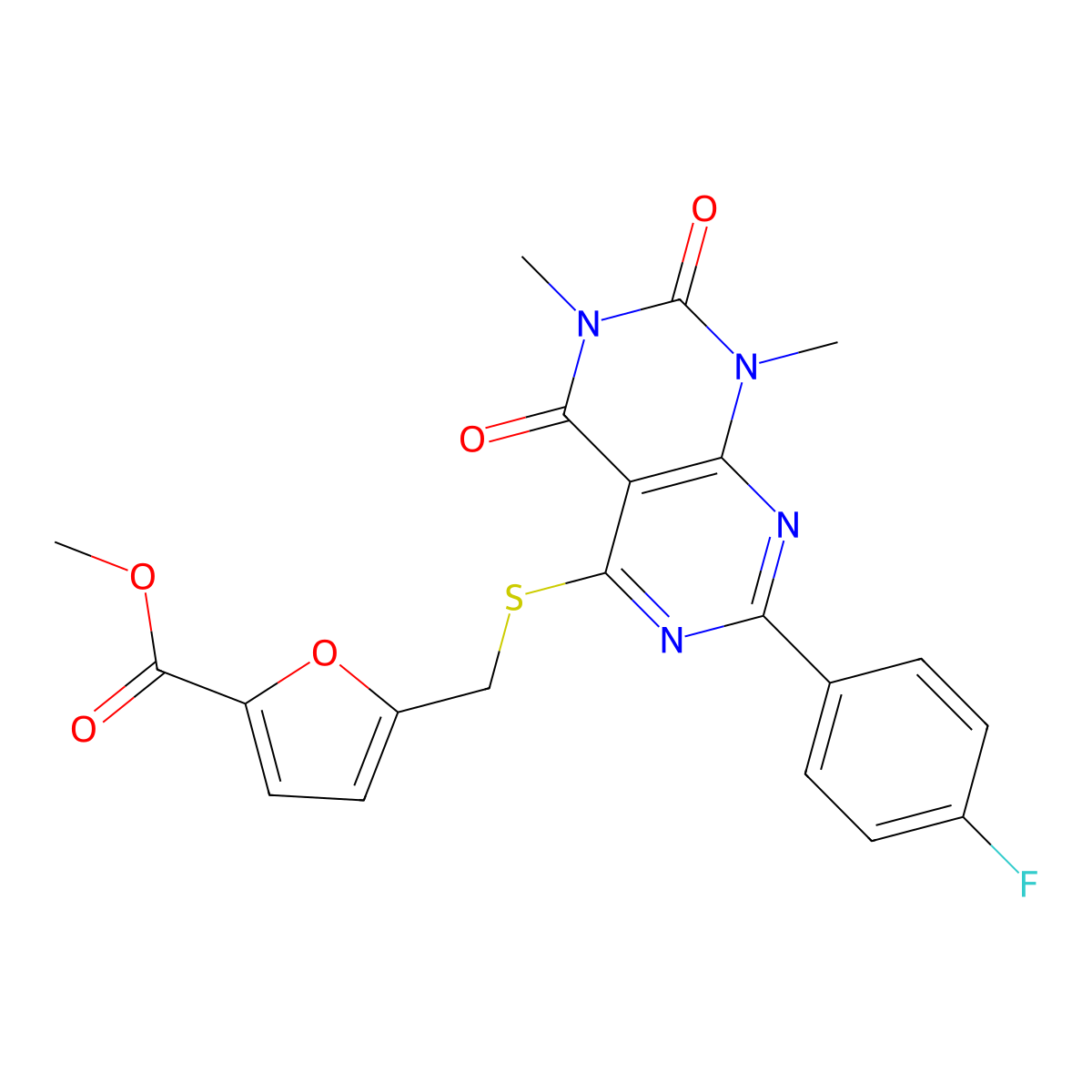 Methyl 5-(((2-(4-fluorophenyl)-6,8-dimethyl-5,7-dioxo-5,6,7,8-tetrahydropyrimido[4,5-d]pyrimidin-4-yl)thio)methyl)furan-2-carboxylate molecular structure, CAS 852171-17-6