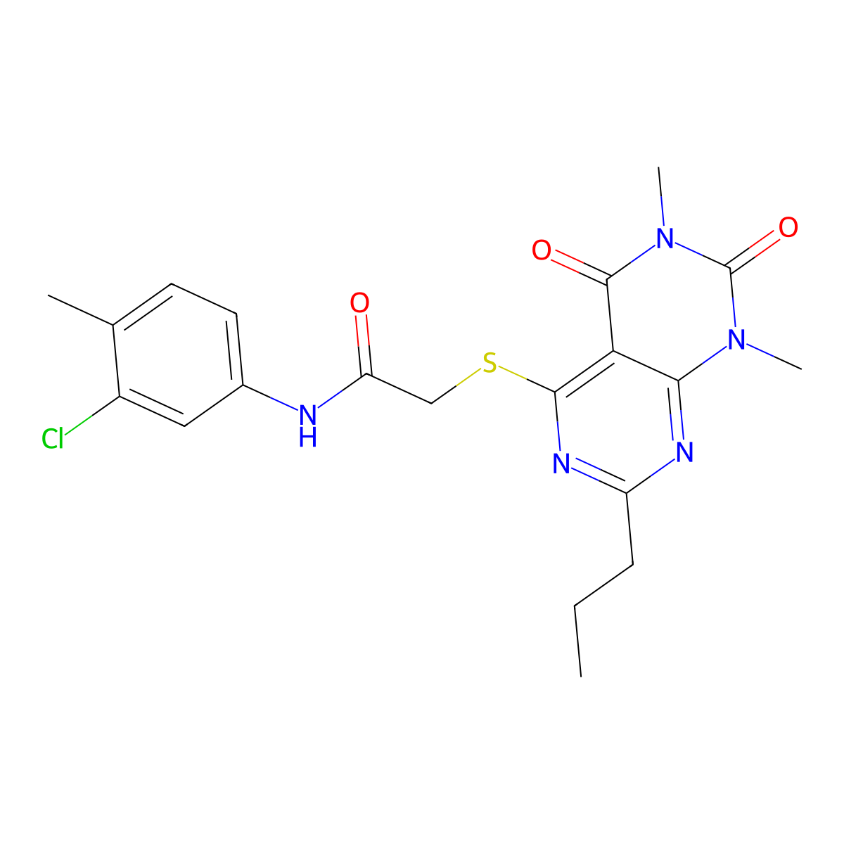 N-(3-chloro-4-methylphenyl)-2-((6,8-dimethyl-5,7-dioxo-2-propyl-5,6,7,8-tetrahydropyrimido[4,5-d]pyrimidin-4-yl)thio)acetamide molecular structure, CAS 852171-18-7