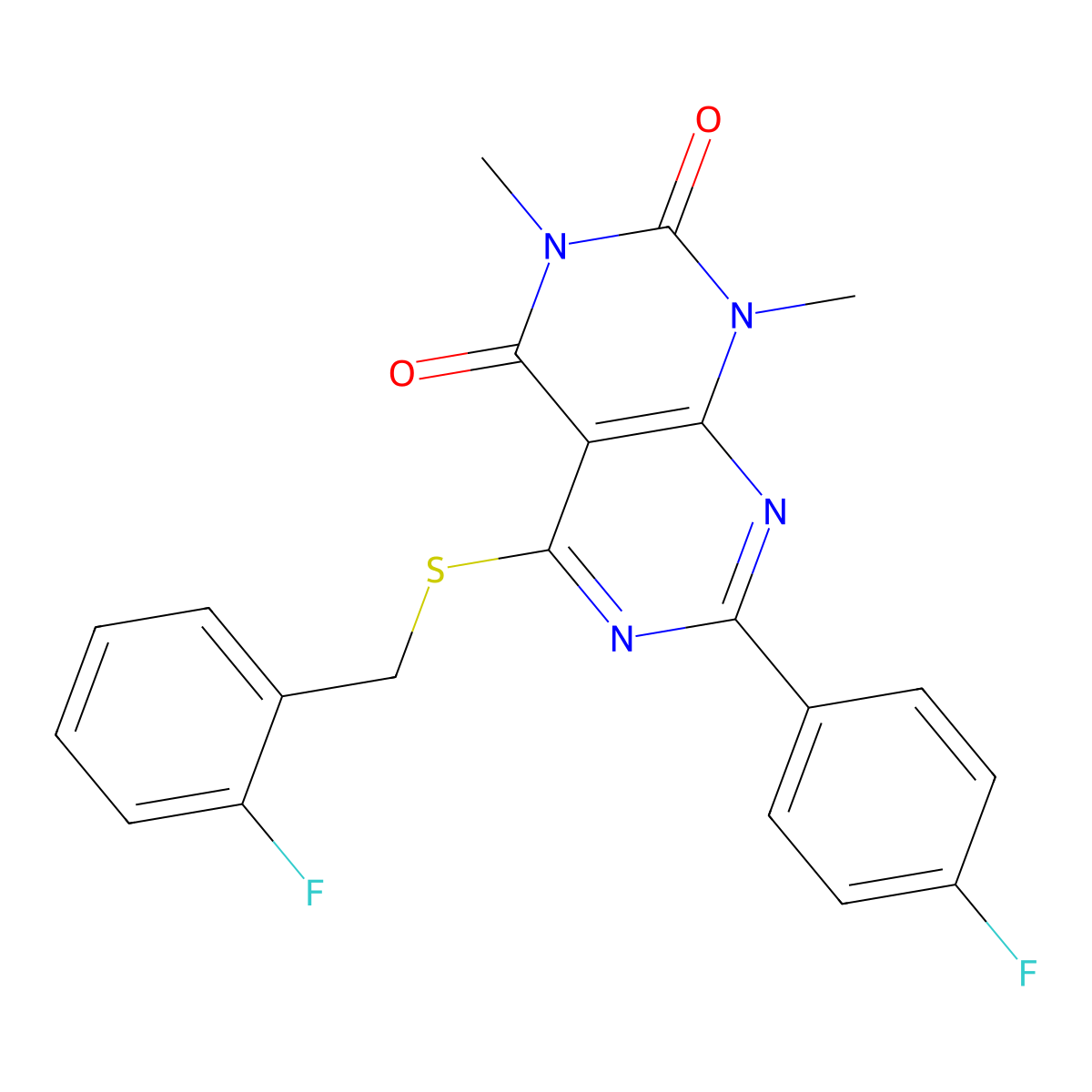 5-((2-fluorobenzyl)thio)-7-(4-fluorophenyl)-1,3-dimethylpyrimido[4,5-d]pyrimidine-2,4(1H,3H)-dione molecular structure, CAS 852171-19-8
