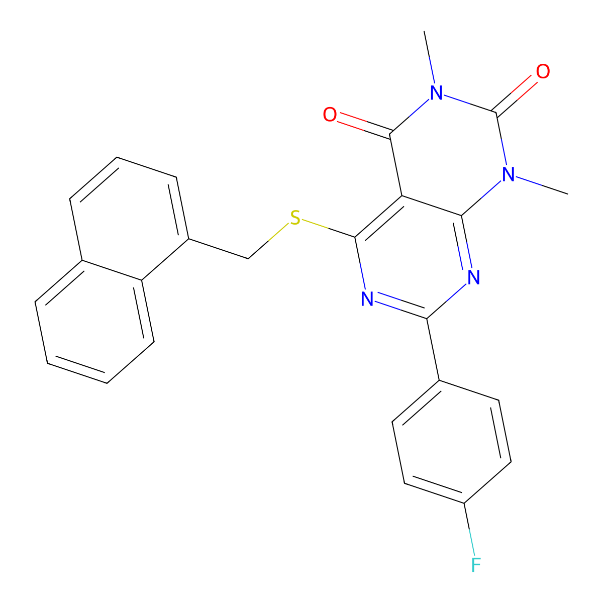 7-(4-fluorophenyl)-1,3-dimethyl-5-((naphthalen-1-ylmethyl)thio)pyrimido[4,5-d]pyrimidine-2,4(1H,3H)-dione molecular structure, CAS 852171-21-2