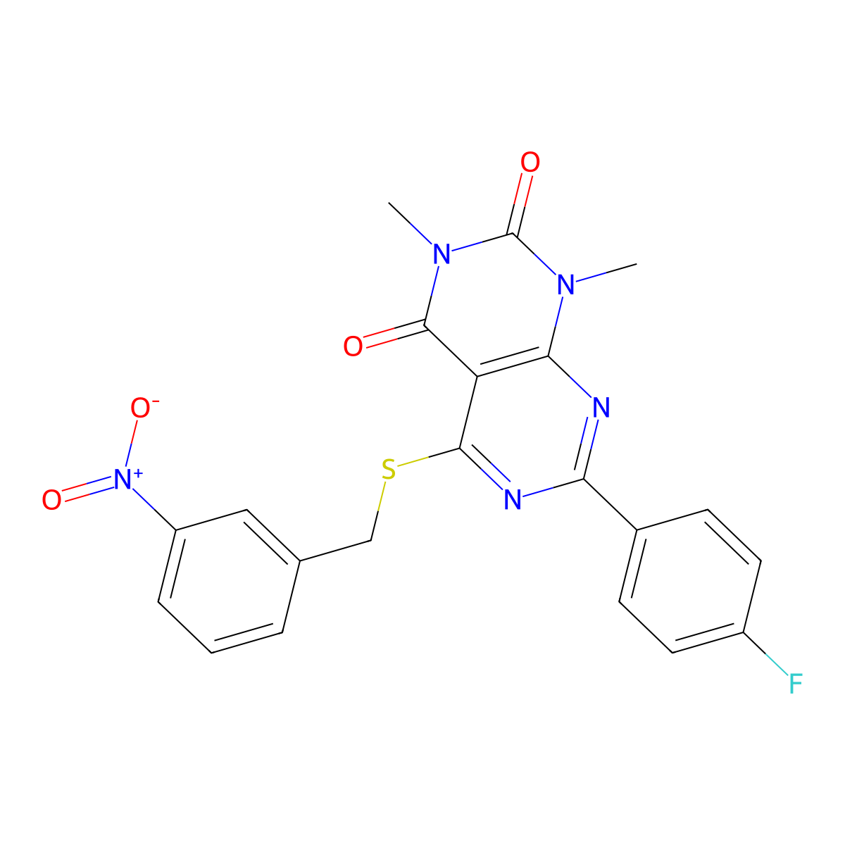 7-(4-fluorophenyl)-1,3-dimethyl-5-((3-nitrobenzyl)thio)pyrimido[4,5-d]pyrimidine-2,4(1H,3H)-dione molecular structure, CAS 852171-25-6