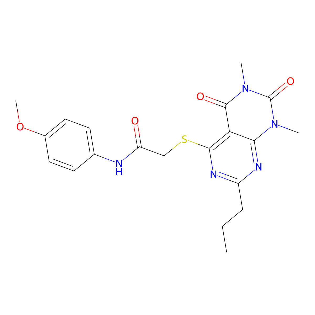 2-((6,8-dimethyl-5,7-dioxo-2-propyl-5,6,7,8-tetrahydropyrimido[4,5-d]pyrimidin-4-yl)thio)-N-(4-methoxyphenyl)acetamide molecular structure, CAS 852171-26-7