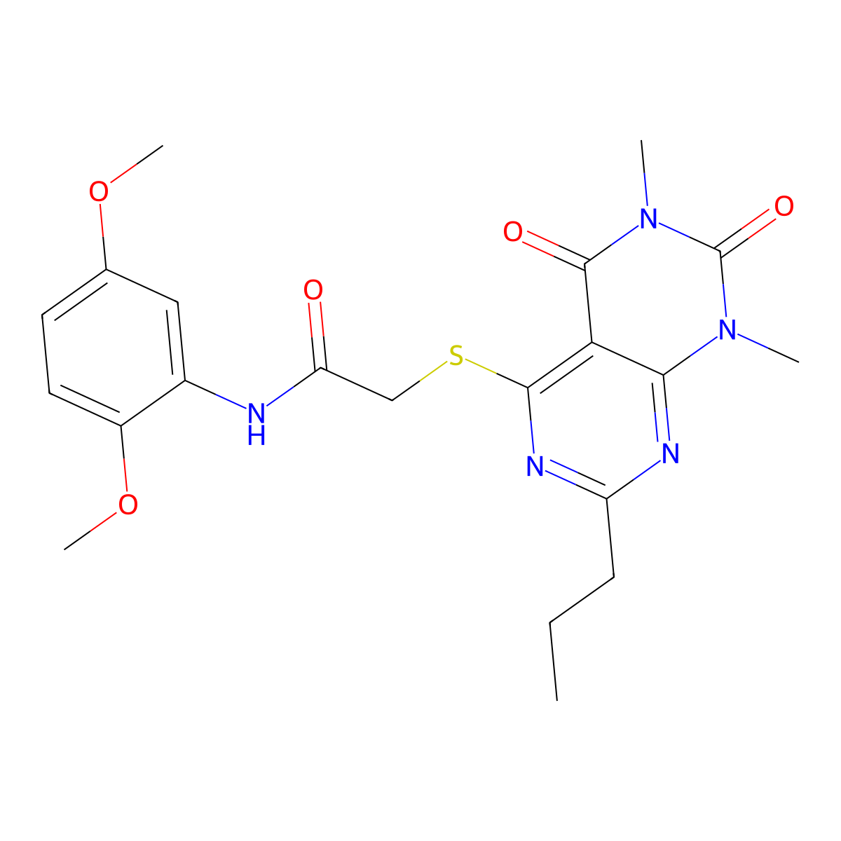 N-(2,5-dimethoxyphenyl)-2-((6,8-dimethyl-5,7-dioxo-2-propyl-5,6,7,8-tetrahydropyrimido[4,5-d]pyrimidin-4-yl)thio)acetamide molecular structure, CAS 852171-30-3