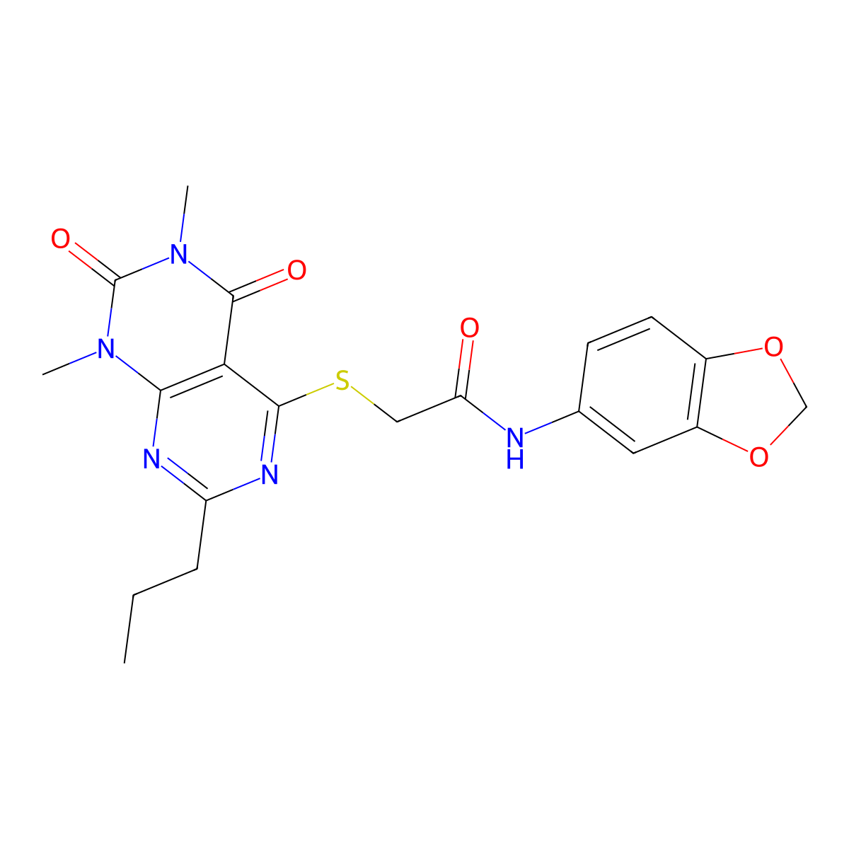 N-(benzo[d][1,3]dioxol-5-yl)-2-((6,8-dimethyl-5,7-dioxo-2-propyl-5,6,7,8-tetrahydropyrimido[4,5-d]pyrimidin-4-yl)thio)acetamide molecular structure, CAS 852171-32-5