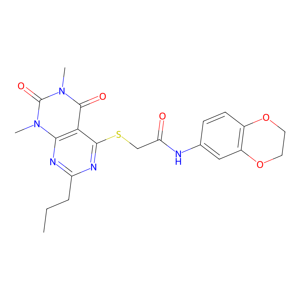 N-(2,3-dihydrobenzo[b][1,4]dioxin-6-yl)-2-((6,8-dimethyl-5,7-dioxo-2-propyl-5,6,7,8-tetrahydropyrimido[4,5-d]pyrimidin-4-yl)thio)acetamide molecular structure, CAS 852171-34-7