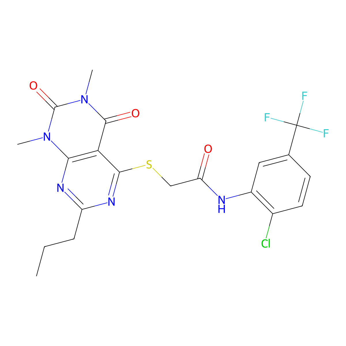 N-(2-chloro-5-(trifluoromethyl)phenyl)-2-((6,8-dimethyl-5,7-dioxo-2-propyl-5,6,7,8-tetrahydropyrimido[4,5-d]pyrimidin-4-yl)thio)acetamide molecular structure, CAS 852171-36-9