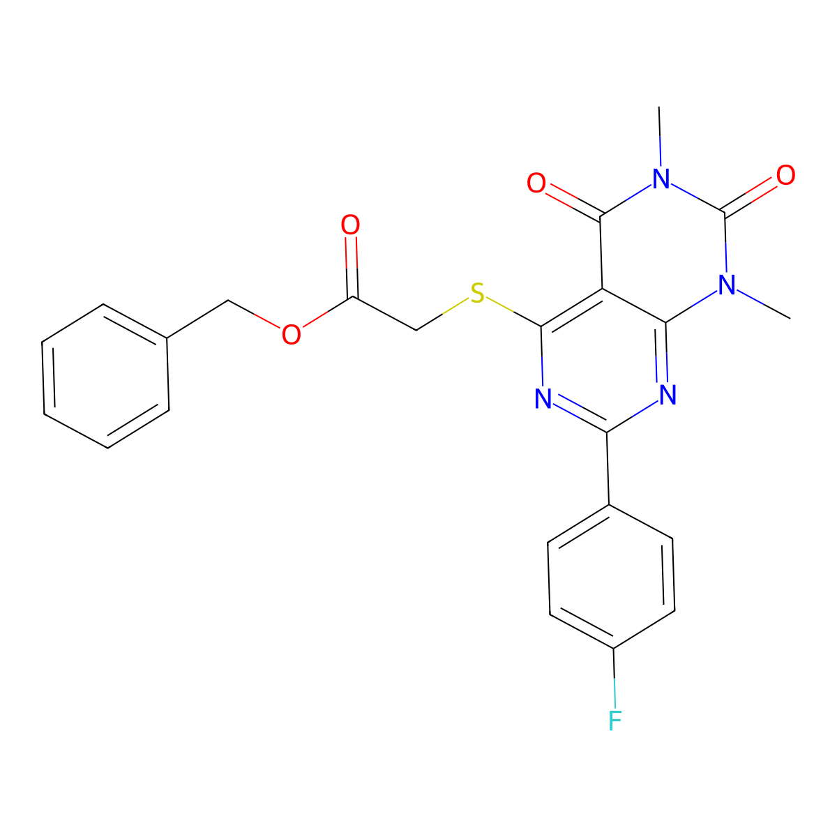 Benzyl {[2-(4-fluorophenyl)-6,8-dimethyl-5,7-dioxo-5,6,7,8-tetrahydropyrimido[4,5-d]pyrimidin-4-yl]thio}acetate molecular structure, CAS 852171-37-0