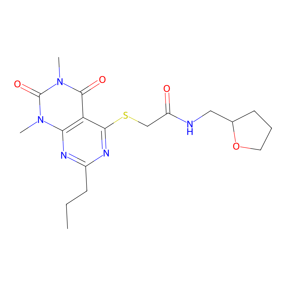 2-((6,8-dimethyl-5,7-dioxo-2-propyl-5,6,7,8-tetrahydropyrimido[4,5-d]pyrimidin-4-yl)thio)-N-((tetrahydrofuran-2-yl)methyl)acetamide molecular structure, CAS 852171-38-1