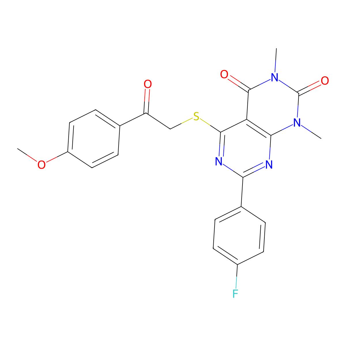 7-(4-fluorophenyl)-5-((2-(4-methoxyphenyl)-2-oxoethyl)thio)-1,3-dimethylpyrimido[4,5-d]pyrimidine-2,4(1H,3H)-dione molecular structure, CAS 852171-39-2