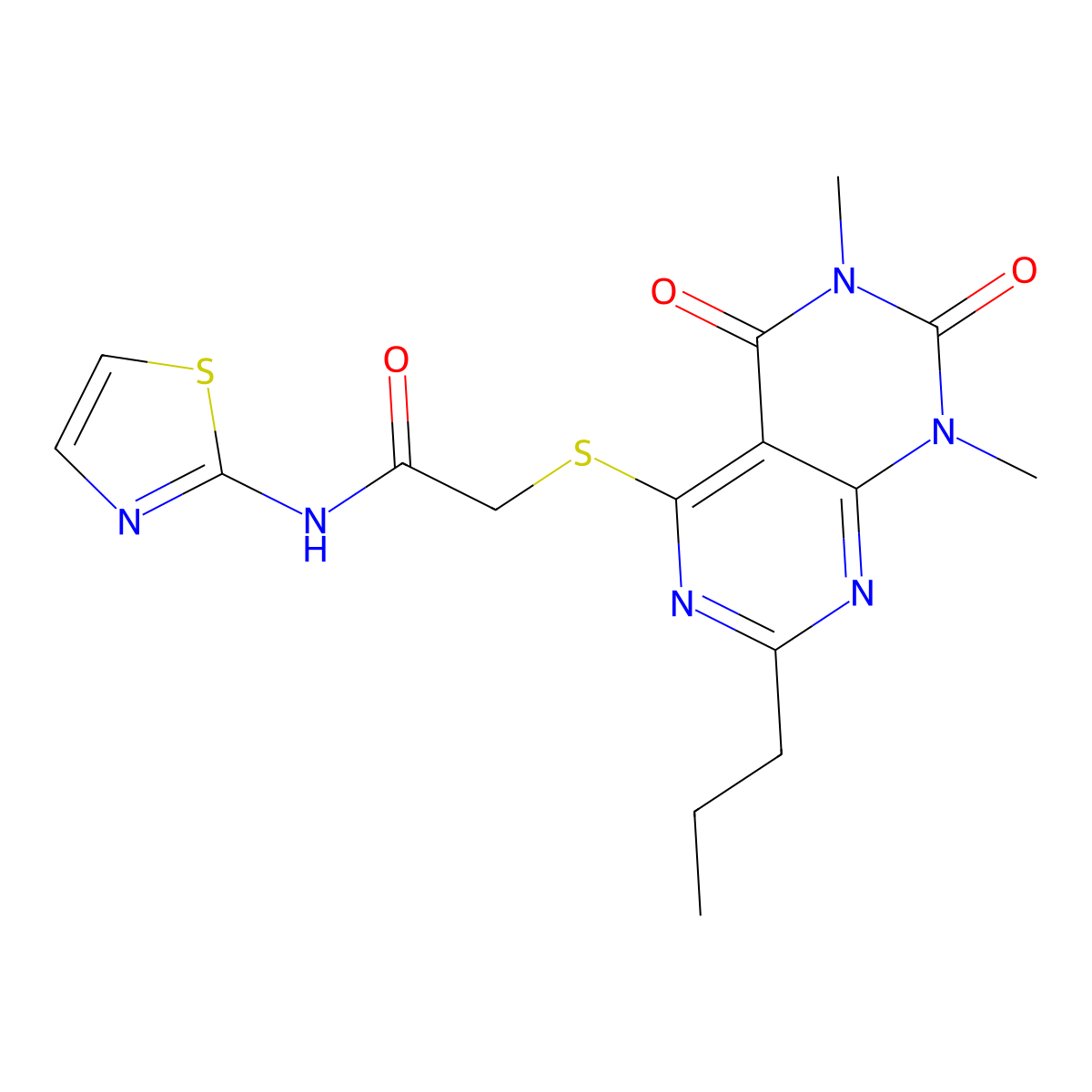 2-((6,8-dimethyl-5,7-dioxo-2-propyl-5,6,7,8-tetrahydropyrimido[4,5-d]pyrimidin-4-yl)thio)-N-(thiazol-2-yl)acetamide molecular structure, CAS 852171-40-5