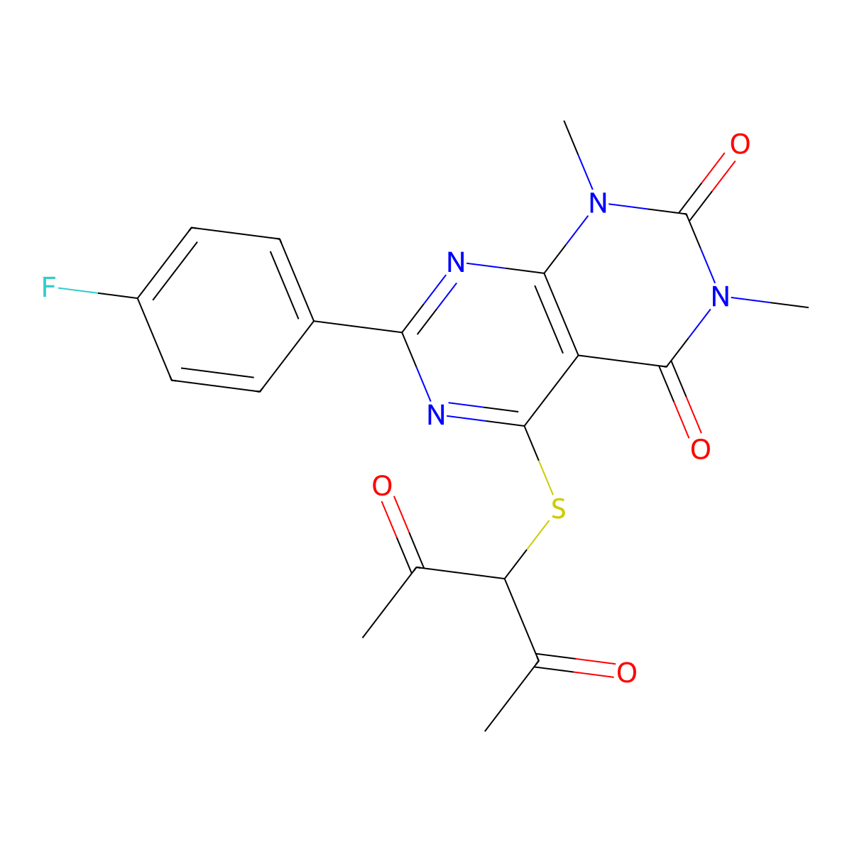 5-((2,4-dioxopentan-3-yl)thio)-7-(4-fluorophenyl)-1,3-dimethylpyrimido[4,5-d]pyrimidine-2,4(1H,3H)-dione molecular structure, CAS 852171-41-6