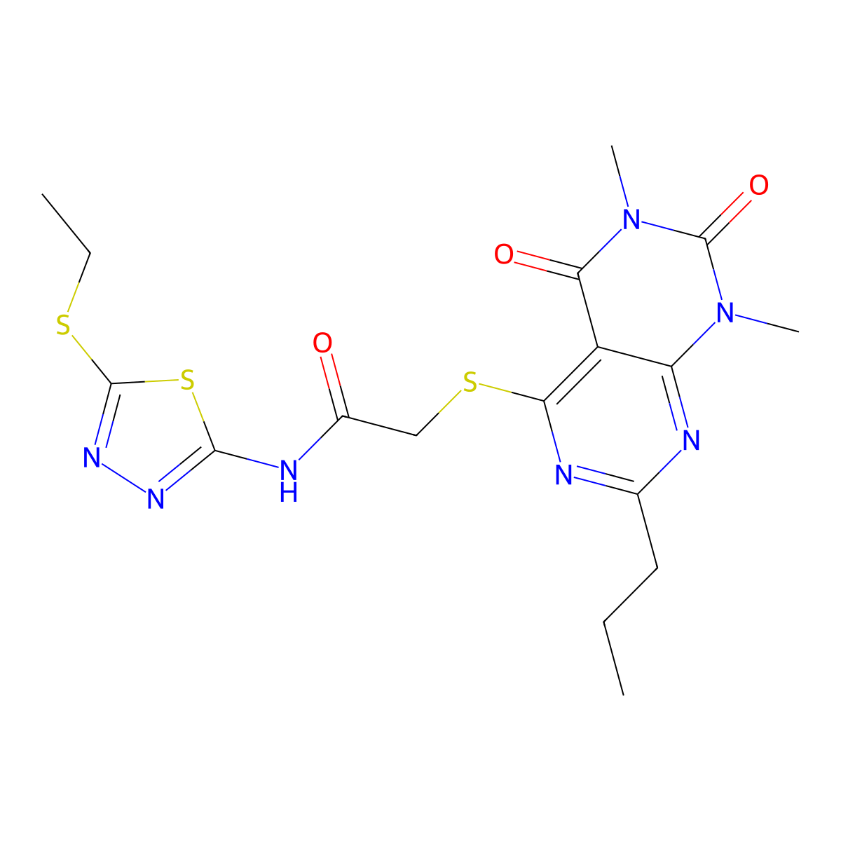 2-((6,8-dimethyl-5,7-dioxo-2-propyl-5,6,7,8-tetrahydropyrimido[4,5-d]pyrimidin-4-yl)thio)-N-(5-(ethylthio)-1,3,4-thiadiazol-2-yl)acetamide molecular structure, CAS 852171-42-7