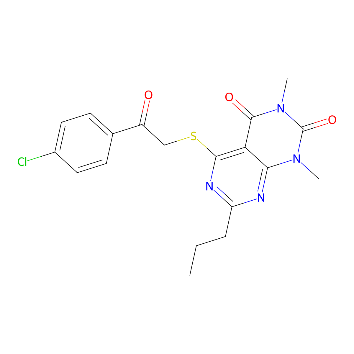 5-((2-(4-chlorophenyl)-2-oxoethyl)thio)-1,3-dimethyl-7-propylpyrimido[4,5-d]pyrimidine-2,4(1H,3H)-dione molecular structure, CAS 852171-44-9