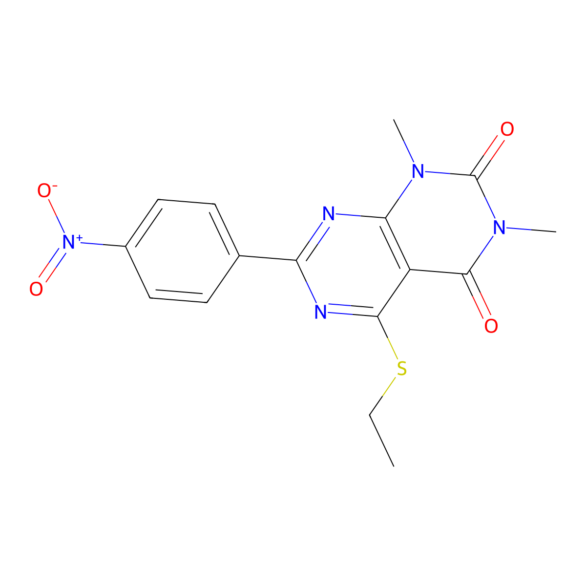 5-(ethylthio)-1,3-dimethyl-7-(4-nitrophenyl)pyrimido[4,5-d]pyrimidine-2,4(1H,3H)-dione molecular structure, CAS 852171-47-2