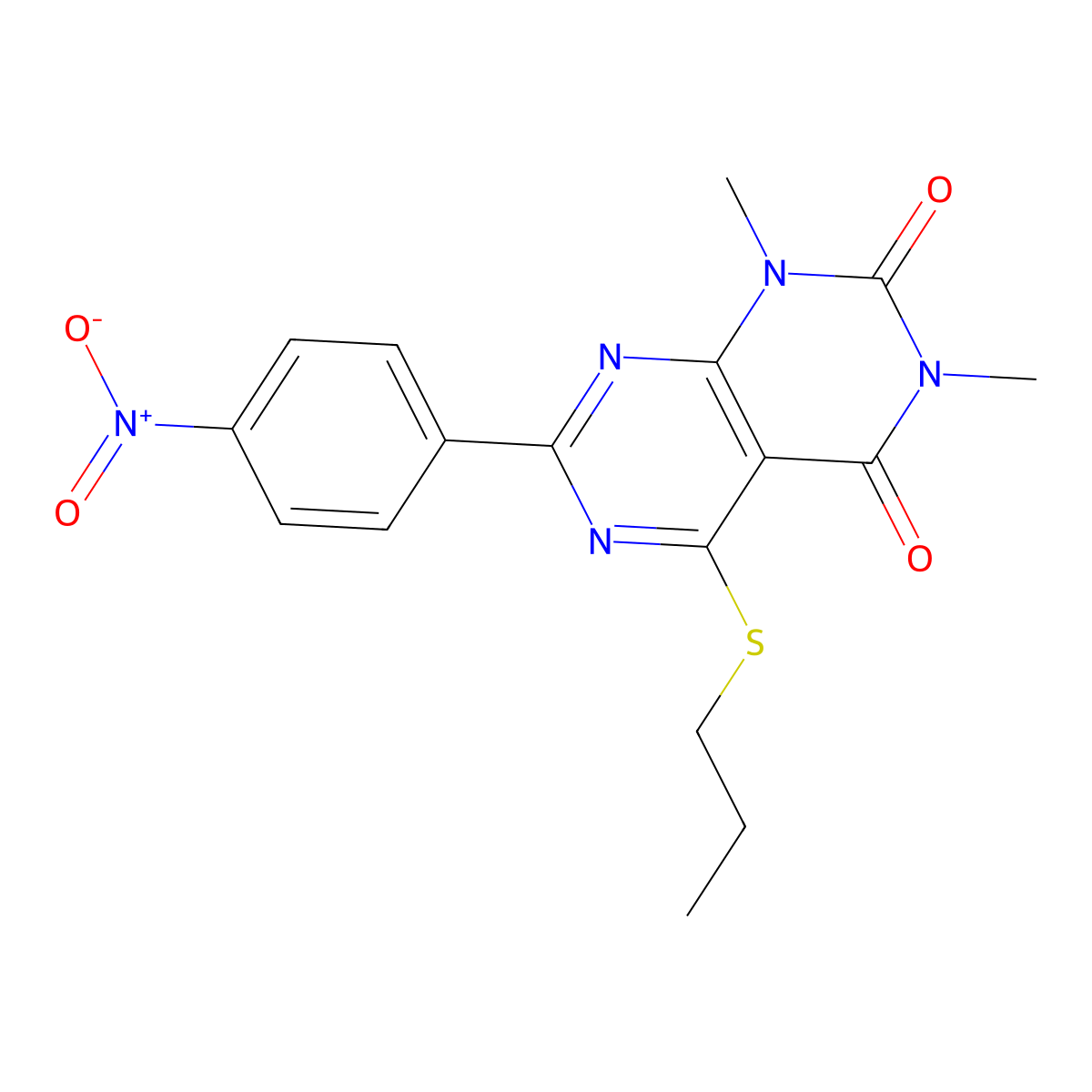 1,3-dimethyl-7-(4-nitrophenyl)-5-(propylthio)pyrimido[4,5-d]pyrimidine-2,4(1H,3H)-dione molecular structure, CAS 852171-49-4