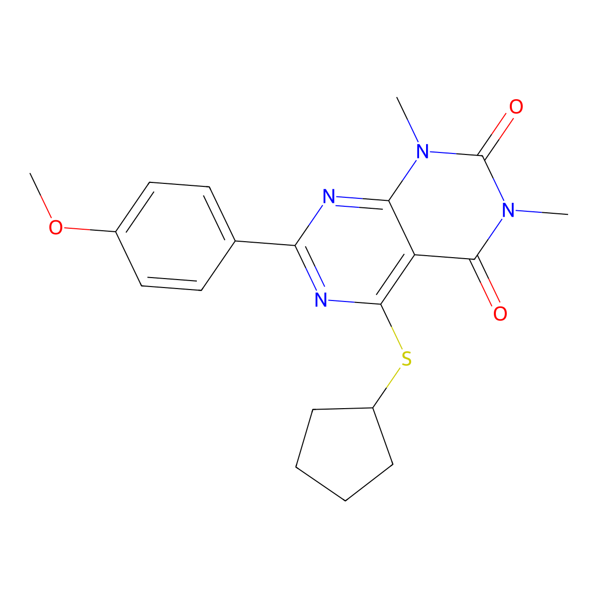 5-Cyclopentylsulfanyl-7-(4-methoxyphenyl)-1,3-dimethylpyrimido[4,5-d]pyrimidine-2,4-dione molecular structure, CAS 852171-50-7