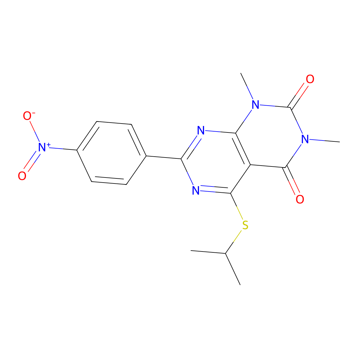 5-(isopropylthio)-1,3-dimethyl-7-(4-nitrophenyl)pyrimido[4,5-d]pyrimidine-2,4(1H,3H)-dione molecular structure, CAS 852171-51-8