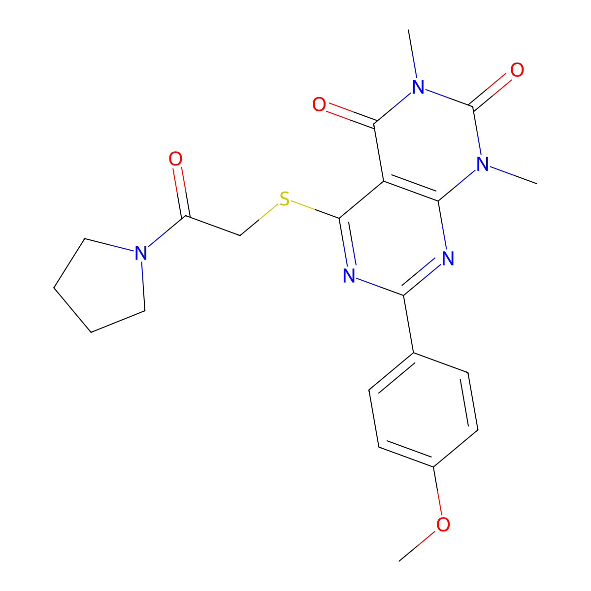 7-(4-methoxyphenyl)-1,3-dimethyl-5-((2-oxo-2-(pyrrolidin-1-yl)ethyl)thio)pyrimido[4,5-d]pyrimidine-2,4(1H,3H)-dione molecular structure, CAS 852171-52-9