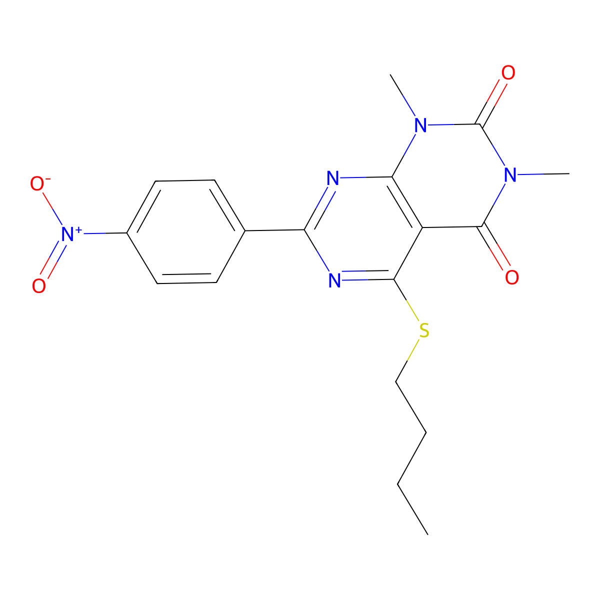 5-Butylsulfanyl-1,3-dimethyl-7-(4-nitrophenyl)pyrimido[4,5-d]pyrimidine-2,4-dione molecular structure, CAS 852171-53-0