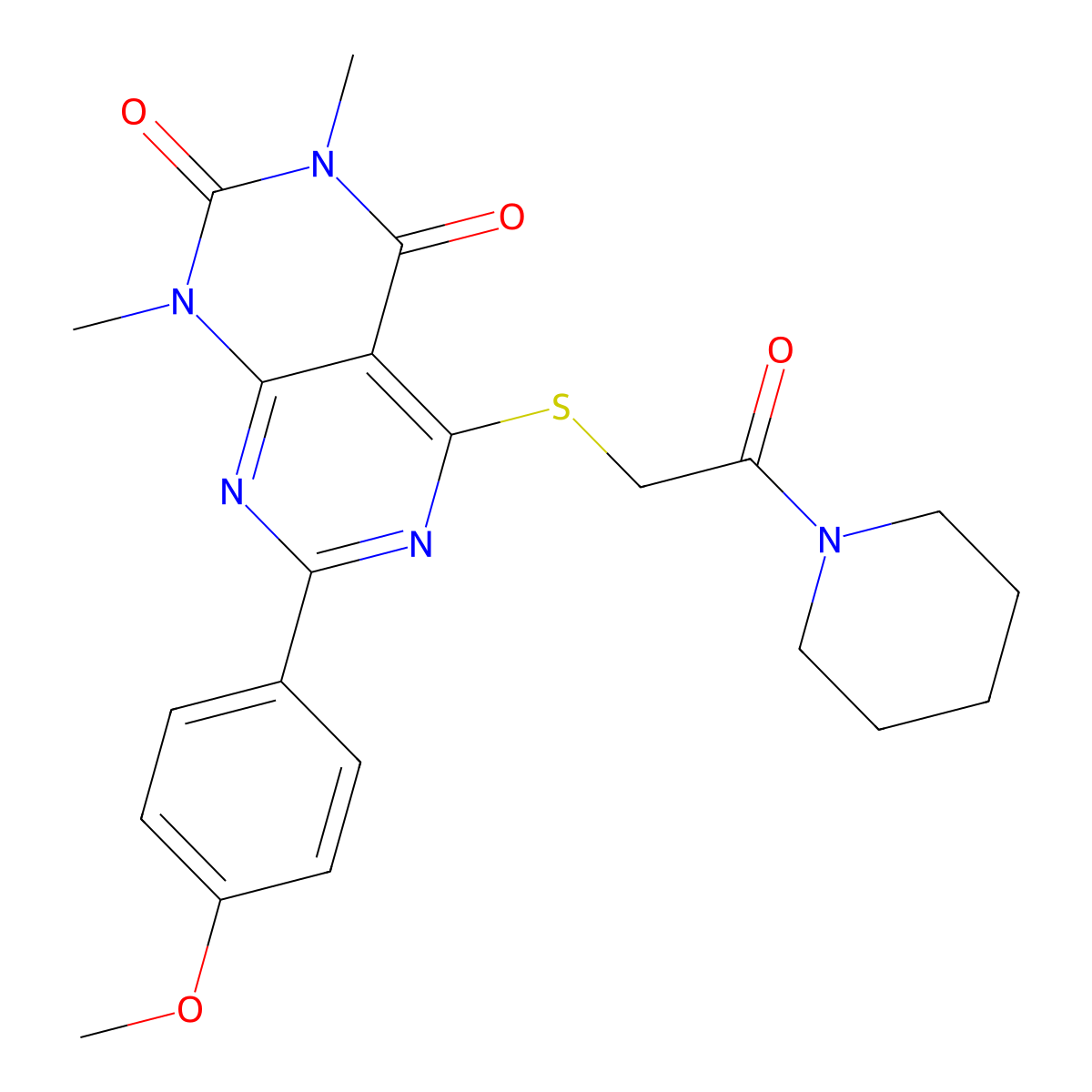 7-(4-methoxyphenyl)-1,3-dimethyl-5-((2-oxo-2-(piperidin-1-yl)ethyl)thio)pyrimido[4,5-d]pyrimidine-2,4(1H,3H)-dione molecular structure, CAS 852171-54-1