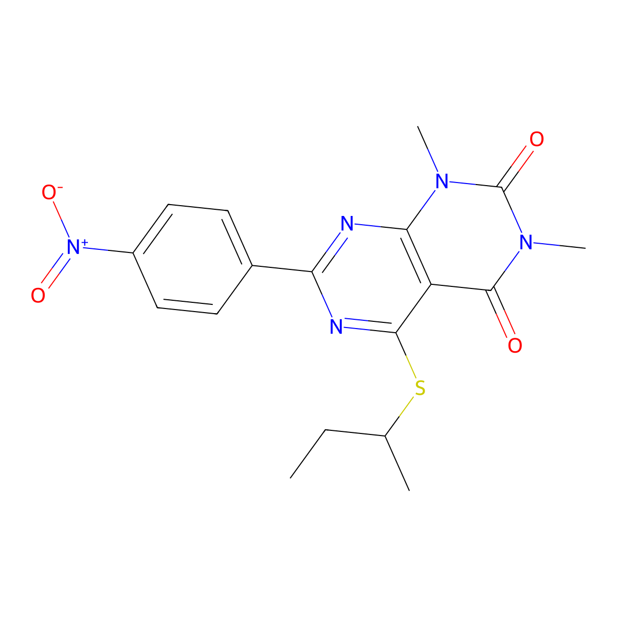 5-(sec-butylthio)-1,3-dimethyl-7-(4-nitrophenyl)pyrimido[4,5-d]pyrimidine-2,4(1H,3H)-dione molecular structure, CAS 852171-55-2