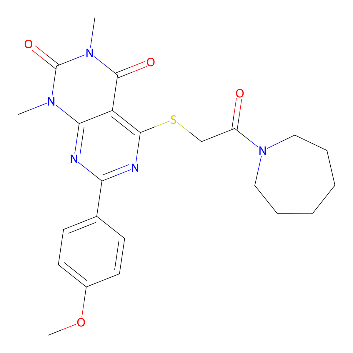 5-((2-(azepan-1-yl)-2-oxoethyl)thio)-7-(4-methoxyphenyl)-1,3-dimethylpyrimido[4,5-d]pyrimidine-2,4(1H,3H)-dione molecular structure, CAS 852171-56-3