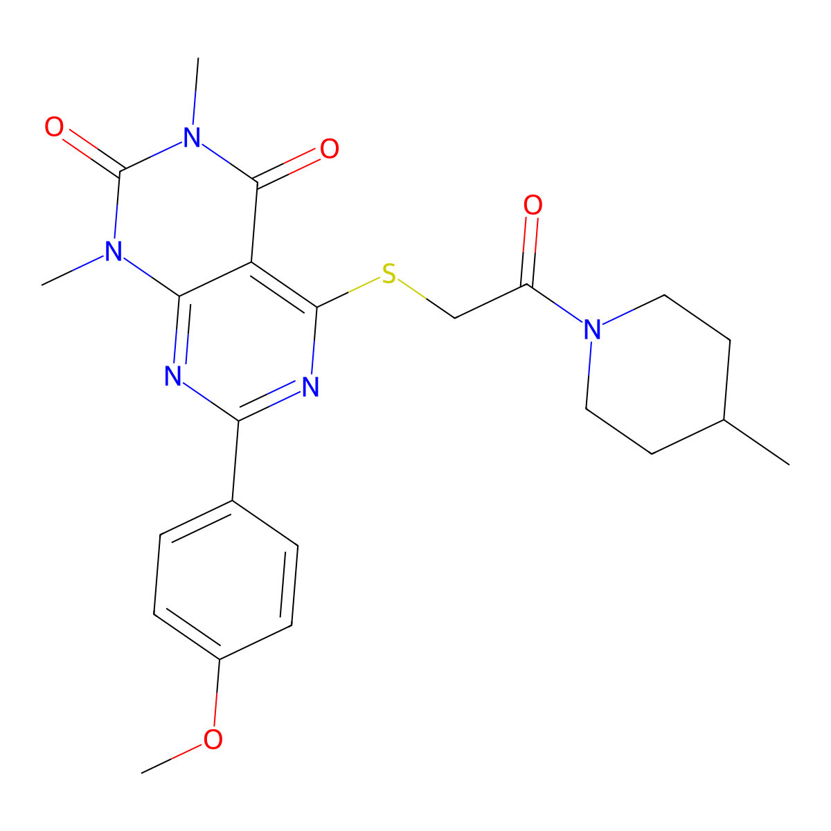 7-(4-methoxyphenyl)-1,3-dimethyl-5-((2-(4-methylpiperidin-1-yl)-2-oxoethyl)thio)pyrimido[4,5-d]pyrimidine-2,4(1H,3H)-dione molecular structure, CAS 852171-58-5