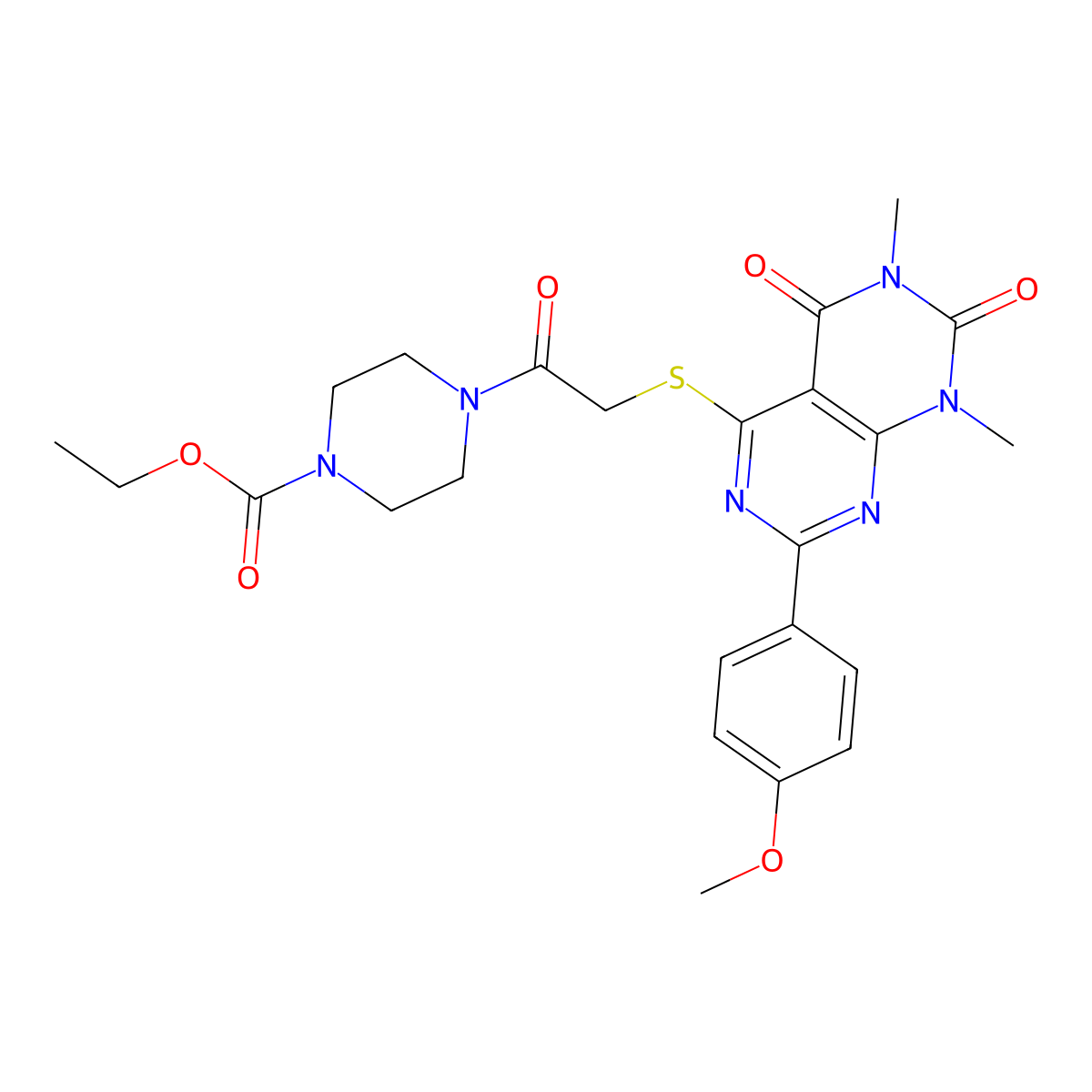 Ethyl 4-(2-((2-(4-methoxyphenyl)-6,8-dimethyl-5,7-dioxo-5,6,7,8-tetrahydropyrimido[4,5-d]pyrimidin-4-yl)thio)acetyl)piperazine-1-carboxylate molecular structure, CAS 852171-60-9