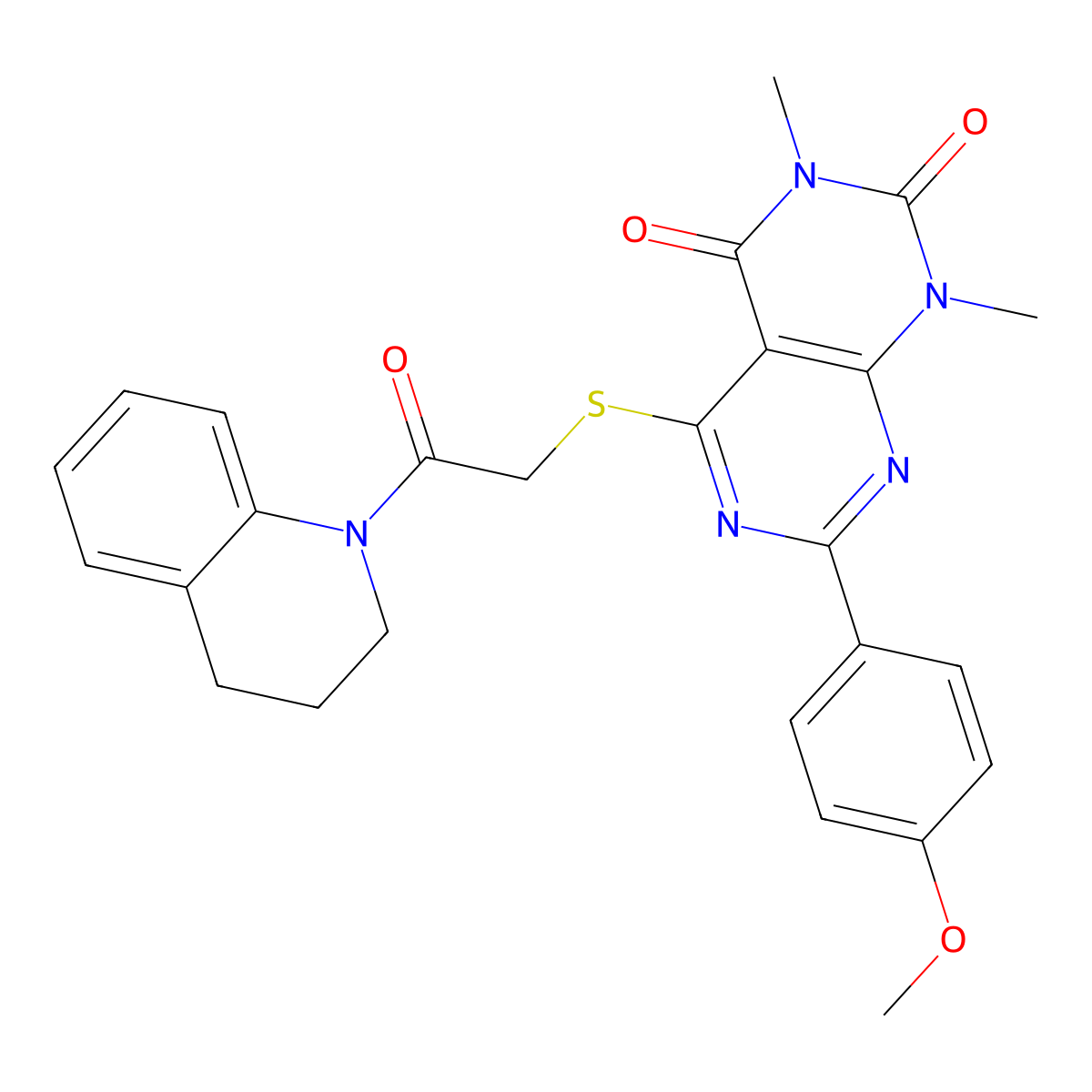 5-[2-(3,4-dihydro-2H-quinolin-1-yl)-2-oxoethyl]sulfanyl-7-(4-methoxyphenyl)-1,3-dimethylpyrimido[4,5-d]pyrimidine-2,4-dione molecular structure, CAS 852171-61-0