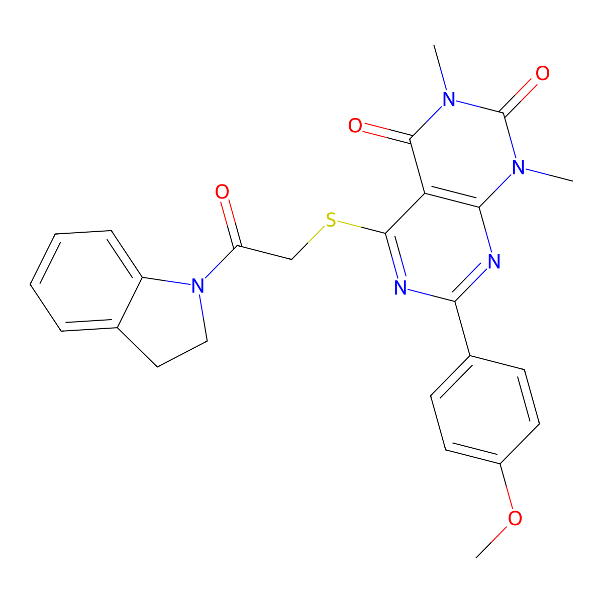 5-((2-(indolin-1-yl)-2-oxoethyl)thio)-7-(4-methoxyphenyl)-1,3-dimethylpyrimido[4,5-d]pyrimidine-2,4(1H,3H)-dione molecular structure, CAS 852171-62-1