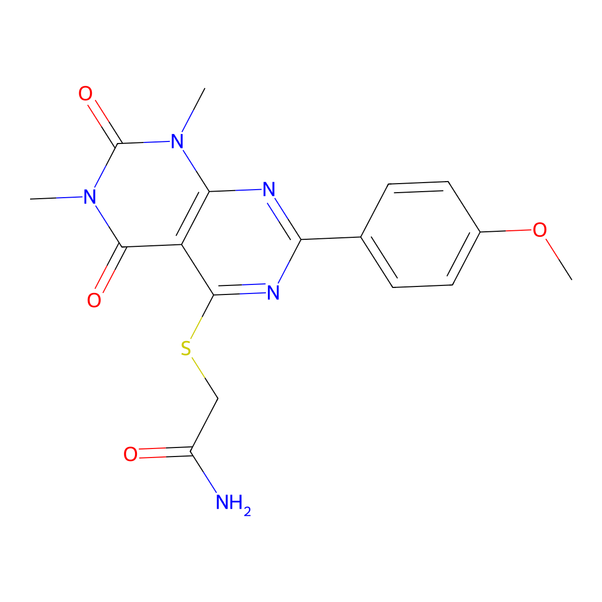 2-((2-(4-Methoxyphenyl)-6,8-dimethyl-5,7-dioxo-5,6,7,8-tetrahydropyrimido[4,5-d]pyrimidin-4-yl)thio)acetamide molecular structure, CAS 852171-63-2