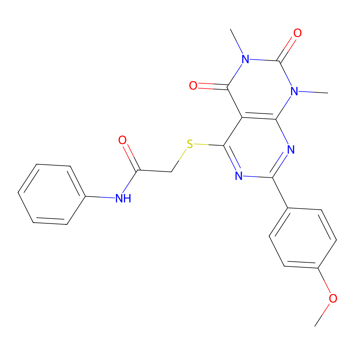 2-((2-(4-methoxyphenyl)-6,8-dimethyl-5,7-dioxo-5,6,7,8-tetrahydropyrimido[4,5-d]pyrimidin-4-yl)thio)-N-phenylacetamide molecular structure, CAS 852171-64-3