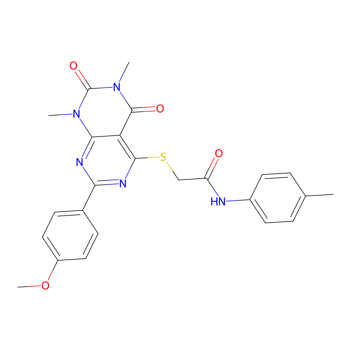 2-((2-(4-methoxyphenyl)-6,8-dimethyl-5,7-dioxo-5,6,7,8-tetrahydropyrimido[4,5-d]pyrimidin-4-yl)thio)-N-(p-tolyl)acetamide molecular structure, CAS 852171-66-5