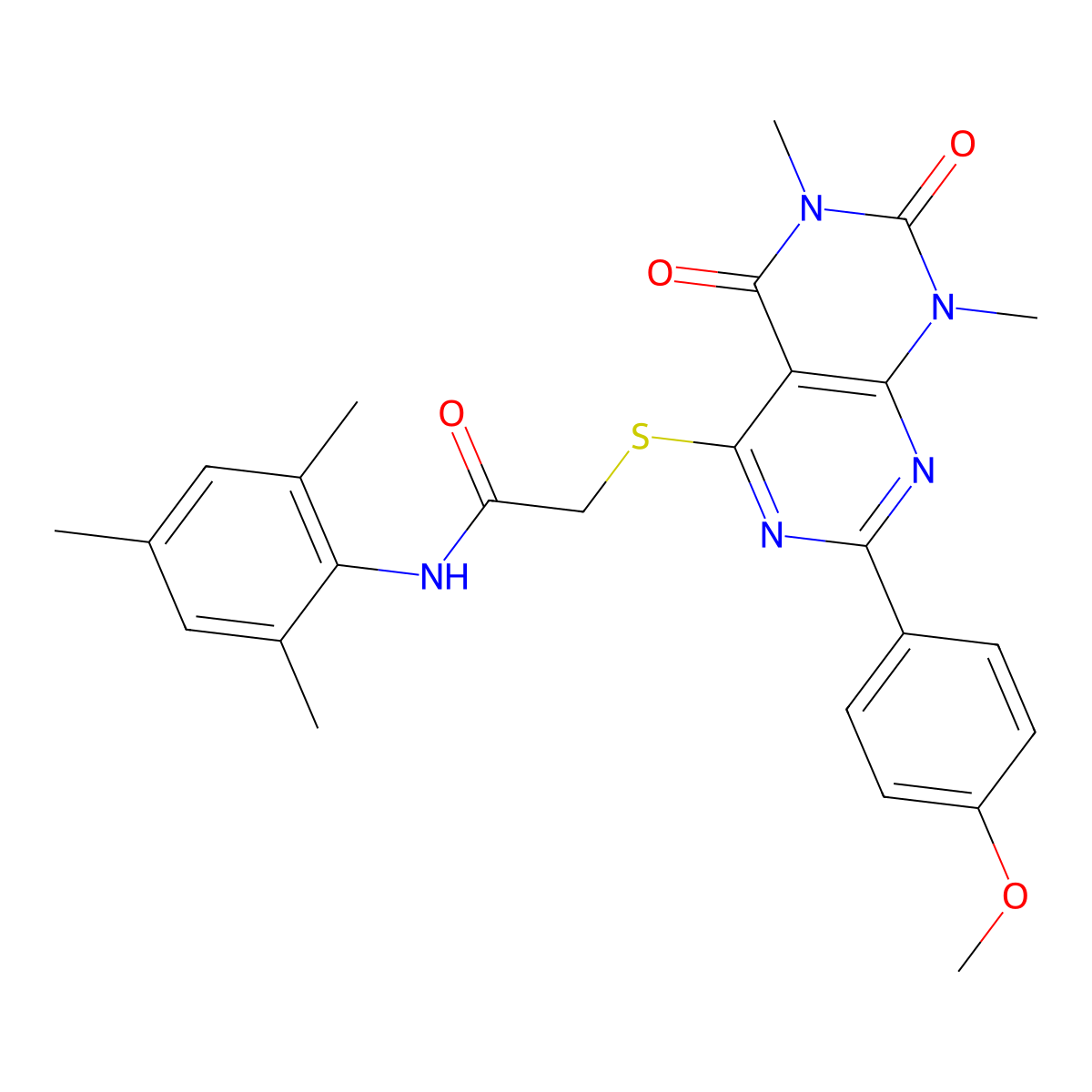 N-mesityl-2-((2-(4-methoxyphenyl)-6,8-dimethyl-5,7-dioxo-5,6,7,8-tetrahydropyrimido[4,5-d]pyrimidin-4-yl)thio)acetamide molecular structure, CAS 852171-67-6