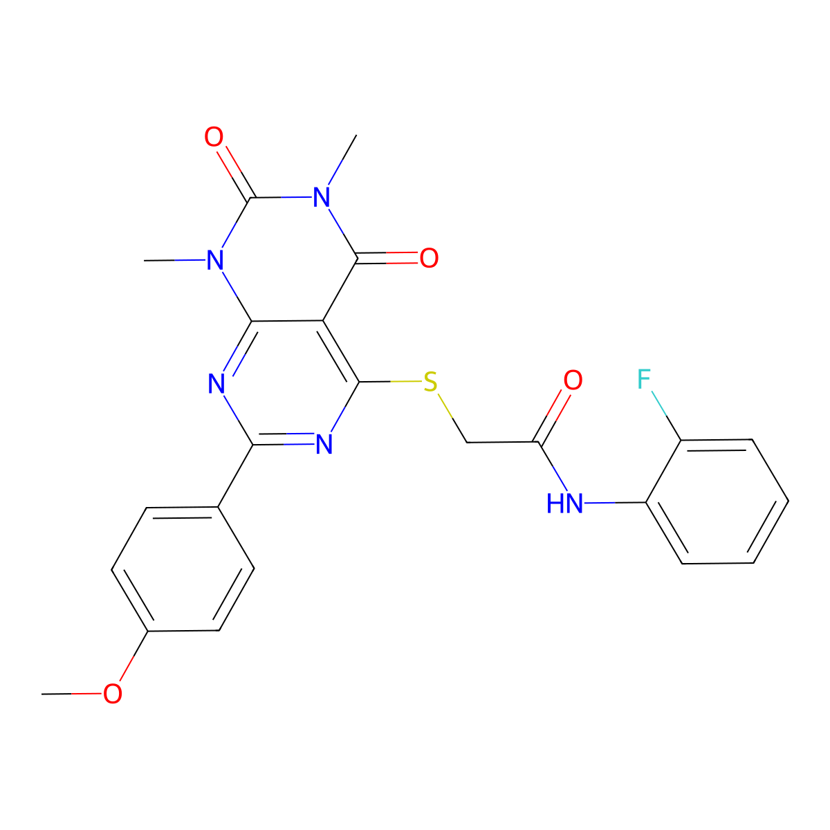 N-(2-fluorophenyl)-2-((2-(4-methoxyphenyl)-6,8-dimethyl-5,7-dioxo-5,6,7,8-tetrahydropyrimido[4,5-d]pyrimidin-4-yl)thio)acetamide molecular structure, CAS 852171-70-1