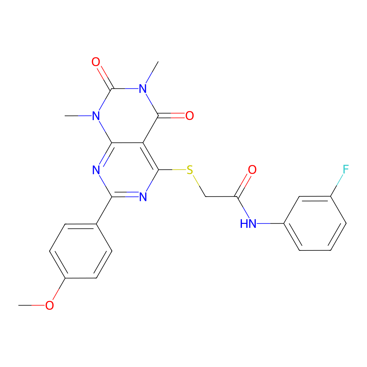 N-(3-fluorophenyl)-2-((2-(4-methoxyphenyl)-6,8-dimethyl-5,7-dioxo-5,6,7,8-tetrahydropyrimido[4,5-d]pyrimidin-4-yl)thio)acetamide molecular structure, CAS 852171-71-2