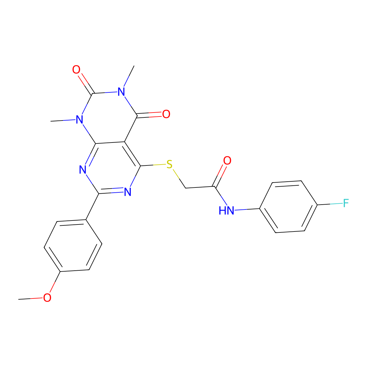 N-(4-fluorophenyl)-2-((2-(4-methoxyphenyl)-6,8-dimethyl-5,7-dioxo-5,6,7,8-tetrahydropyrimido[4,5-d]pyrimidin-4-yl)thio)acetamide molecular structure, CAS 852171-72-3