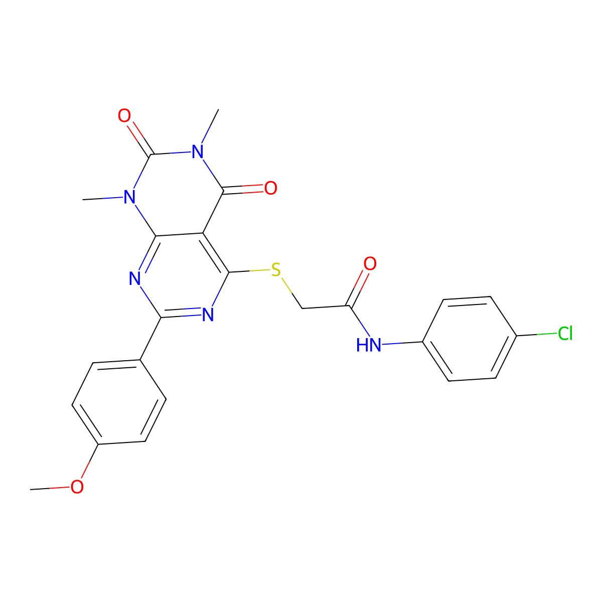 N-(4-chlorophenyl)-2-((2-(4-methoxyphenyl)-6,8-dimethyl-5,7-dioxo-5,6,7,8-tetrahydropyrimido[4,5-d]pyrimidin-4-yl)thio)acetamide molecular structure, CAS 852171-74-5