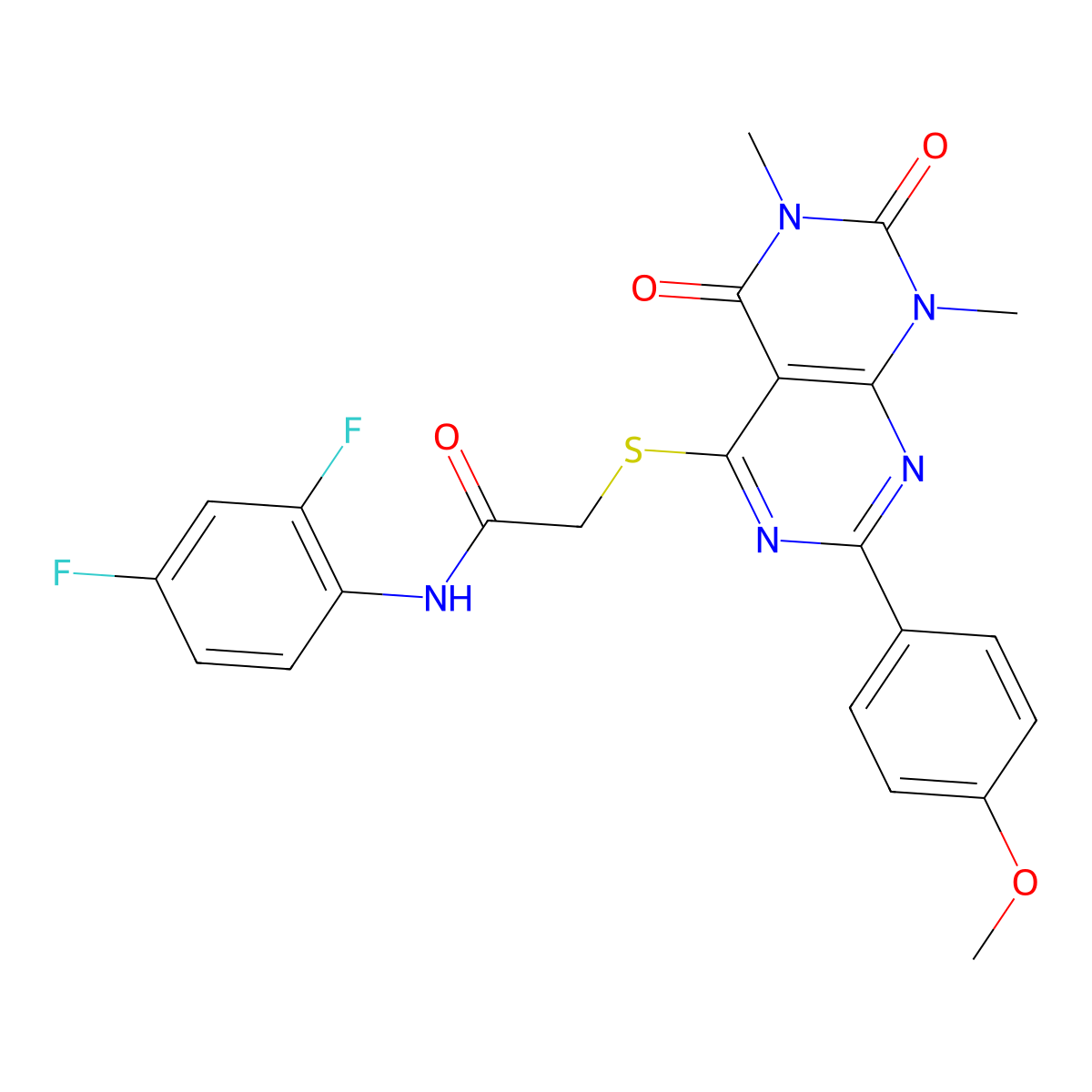 N-(2,4-difluorophenyl)-2-((2-(4-methoxyphenyl)-6,8-dimethyl-5,7-dioxo-5,6,7,8-tetrahydropyrimido[4,5-d]pyrimidin-4-yl)thio)acetamide molecular structure, CAS 852171-76-7