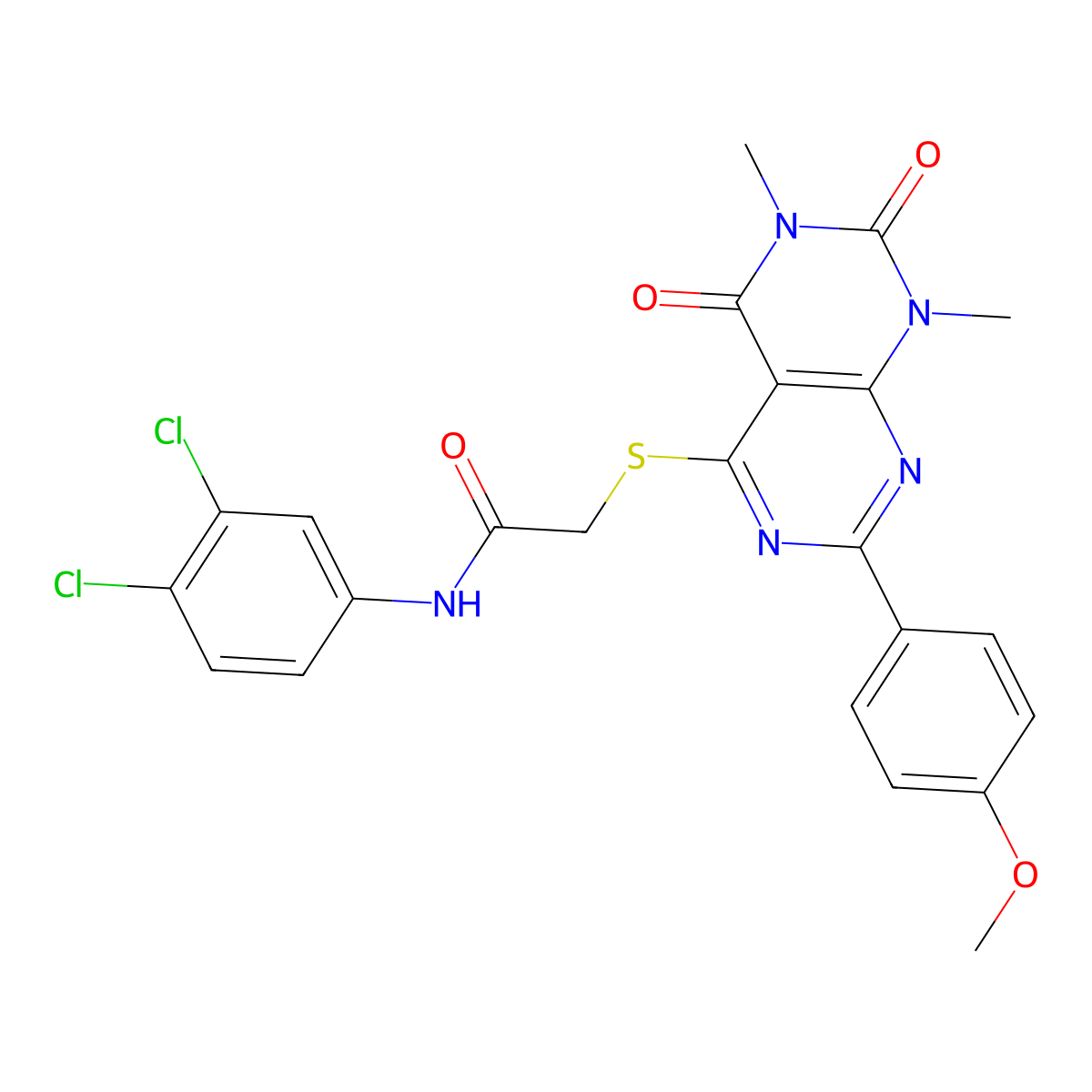 N-(3,4-dichlorophenyl)-2-((2-(4-methoxyphenyl)-6,8-dimethyl-5,7-dioxo-5,6,7,8-tetrahydropyrimido[4,5-d]pyrimidin-4-yl)thio)acetamide molecular structure, CAS 852171-77-8