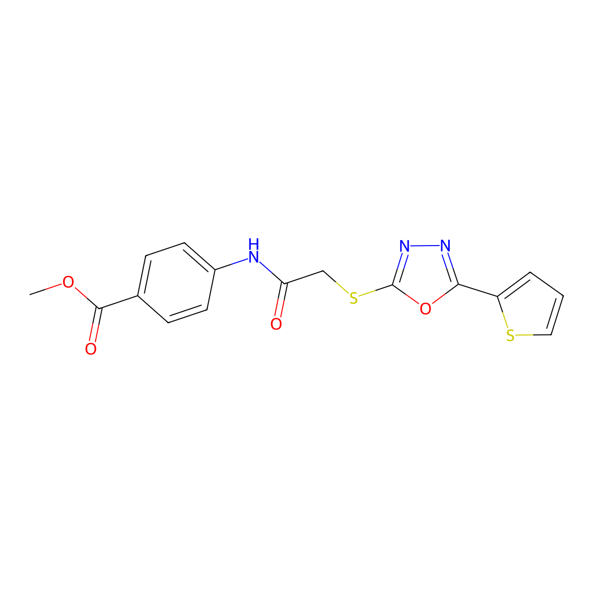 Methyl 4-(2-{[5-(thiophen-2-yl)-1,3,4-oxadiazol-2-yl]sulfanyl}acetamido)benzoate molecular structure, CAS 852175-29-2