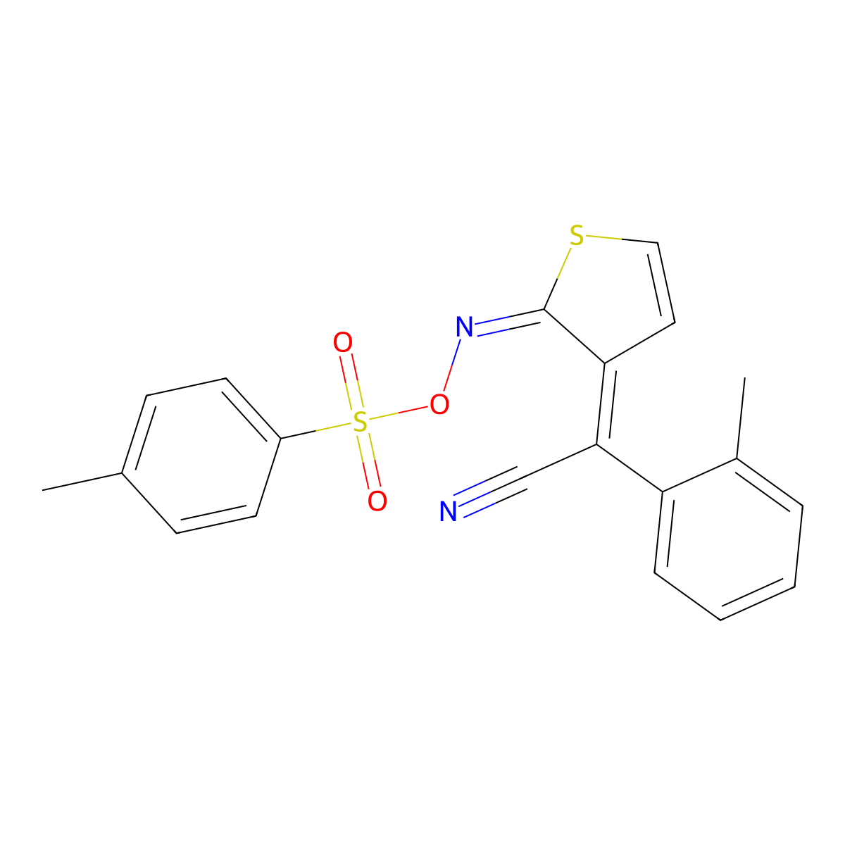 Benzeneacetonitrile, 2-methyl-alpha-[2-[[[(4-methylphenyl)sulfonyl]oxy]imino]-3(2H)-thienylidene]- molecular structure, CAS 852246-52-7