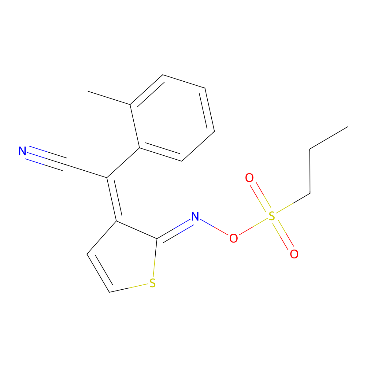 Benzeneacetonitrile, 2-methyl-alpha-[2-[[(propylsulfonyl)oxy]imino]-3(2H)-thienylidene]- molecular structure, CAS 852246-55-0