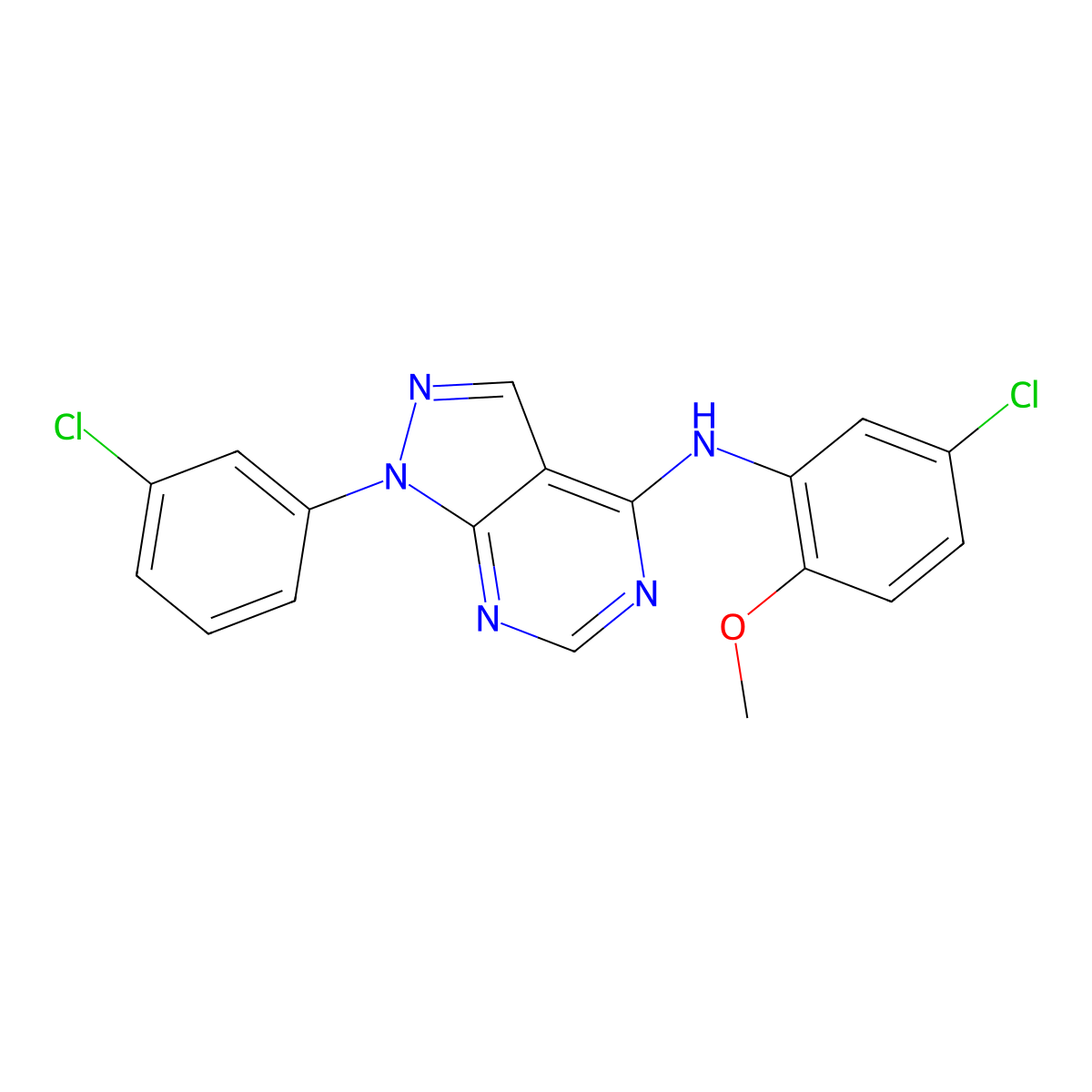 N-(5-chloro-2-methoxyphenyl)-1-(3-chlorophenyl)-1H-pyrazolo[3,4-d]pyrimidin-4-amine molecular structure, CAS 852314-13-7