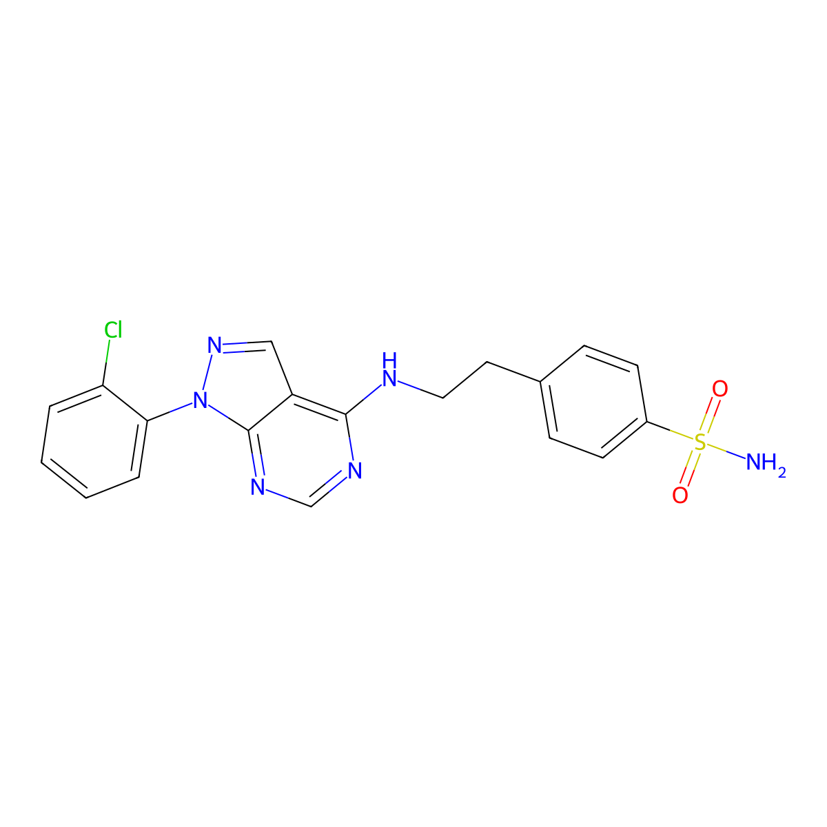 4-[2-[[1-(2-Chlorophenyl)pyrazolo[3,4-d]pyrimidin-4-yl]amino]ethyl]benzenesulfonamide molecular structure, CAS 852314-14-8