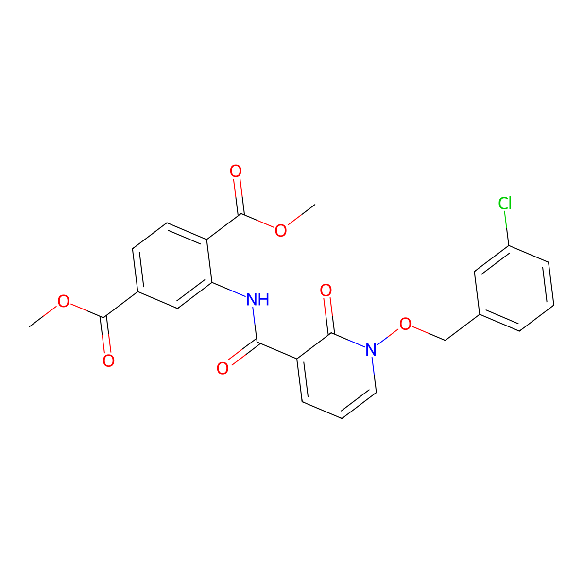 Dimethyl 2-(1-((3-chlorobenzyl)oxy)-2-oxo-1,2-dihydropyridine-3-carboxamido)terephthalate molecular structure, CAS 852366-04-2