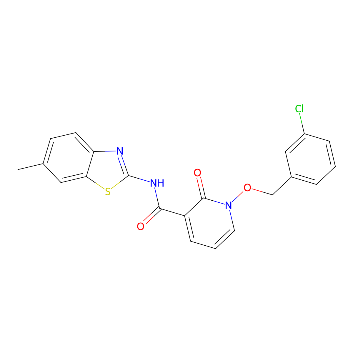 1-((3-chlorobenzyl)oxy)-N-(6-methylbenzo[d]thiazol-2-yl)-2-oxo-1,2-dihydropyridine-3-carboxamide molecular structure, CAS 852366-22-4