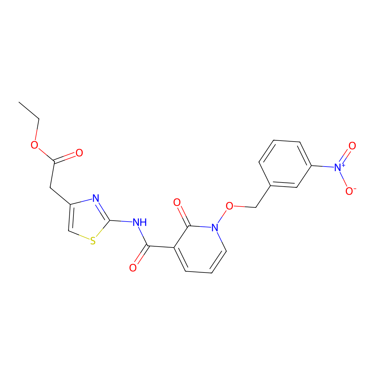 Ethyl 2-(2-(1-((3-nitrobenzyl)oxy)-2-oxo-1,2-dihydropyridine-3-carboxamido)thiazol-4-yl)acetate molecular structure, CAS 852366-33-7